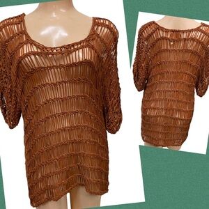VERTY Open Weave Gauze Boho Top Brown‎ Resort Knit Cover Up Scoop Neck M/L